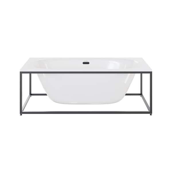 Pierre 30 in. x 60 in. Soaking Glossy White Freestanding Bathtub with Reversible Drain, Black Frame Included