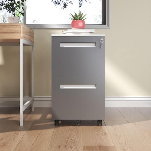 2-Drawer White Metal 26.57 in. W Vertical Mobile File Cabinet w/Lock All-Steel Storage Cabinet on Wheels Fully Assembled
