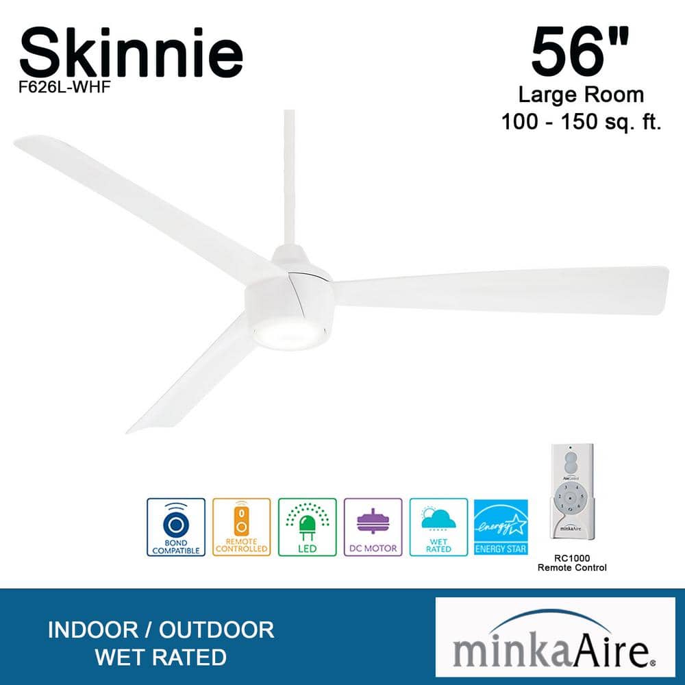 MINKA-AIRE Skinnie 56 in. LED Indoor/Outdoor Flat White Ceiling Fan with Light and Remote Control F626L-WHF