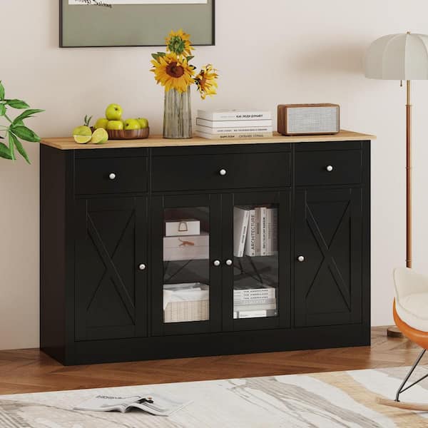 Black 55 in. MDF Large Buffet Sideboard w/ 3-Drawers 2 See-through Doors Adjustable Shelves