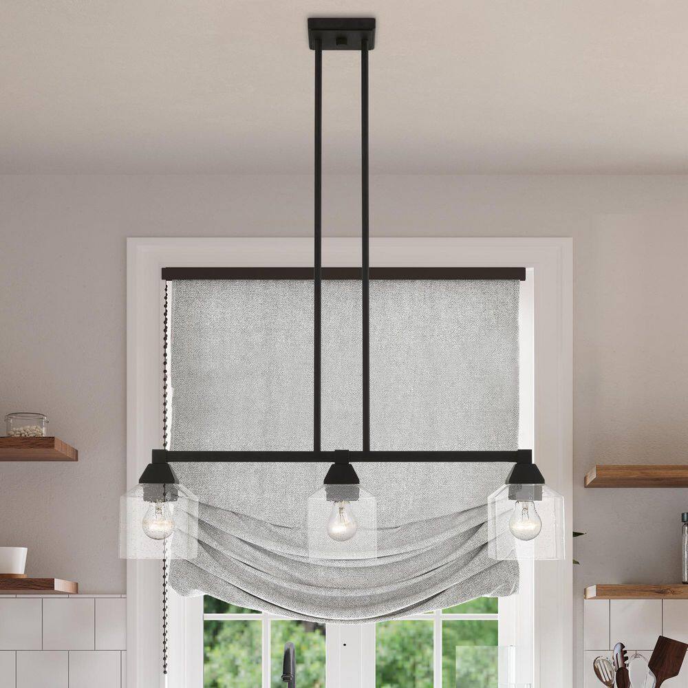 Aragon Black Steel 3-Light Linear Chandelier with Clear Seeded Glass