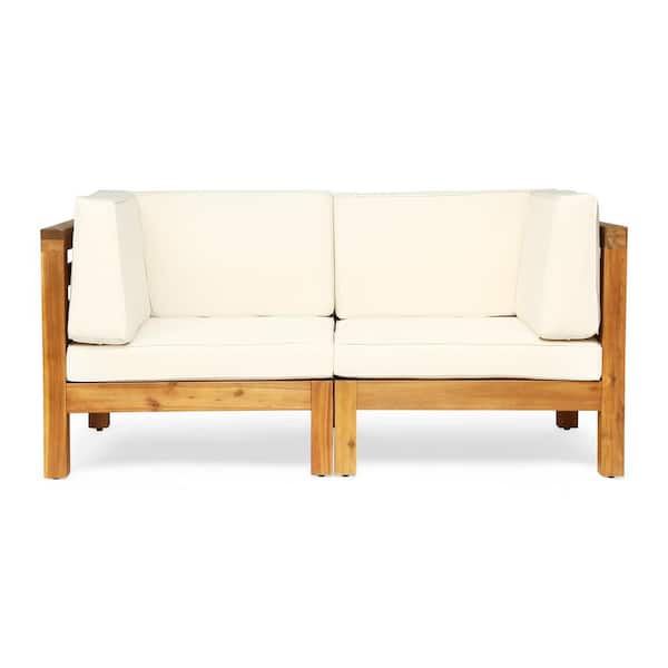 Jonah Teak Wood Outdoor Patio Loveseat with Beige Cushions