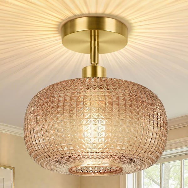 Semi Flush Mount Ceiling Light, Adjustable Hanging Gold Sloped Ceiling Lights with Brown Glass Shade