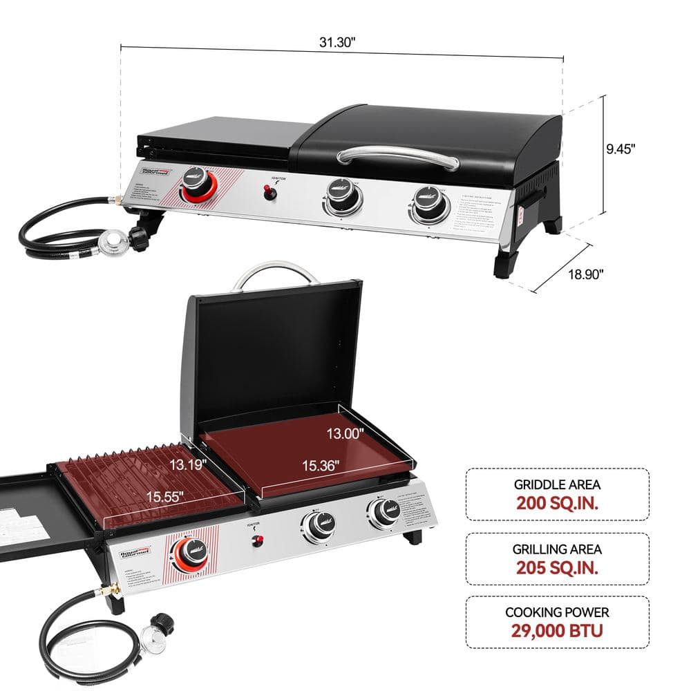 Silver and Black 3-Burner Portable Gas Griddle with Side Burner