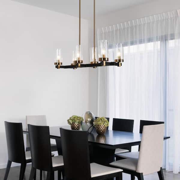 27 in. 6-Light Modern Black Chandelier, Farmhouse Chandelier with Seeded Glass Shade for Dining Room,Brass Pendant Light