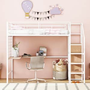 White Twin Size Metal Loft Bed with Built-in Desk, Metal Grid, Wardrobe and Lateral Storage Staircase
