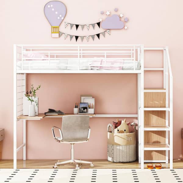 Harper & Bright Designs White Twin Size Metal Loft Bed with Built-in Desk, Metal Grid, Wardrobe and Lateral Storage Staircase