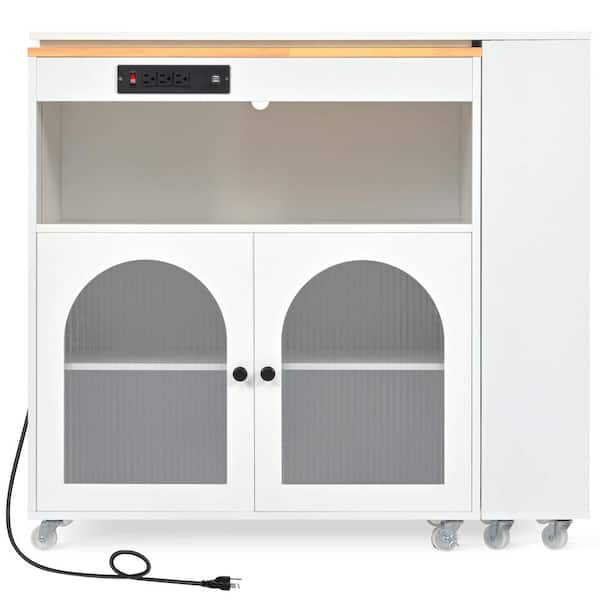 FUNKOL White Rubberwood 41.1 in. Rolling Kitchen Island with Storage Extended Table LED Lights Power Outlets and 3 Open Shelves