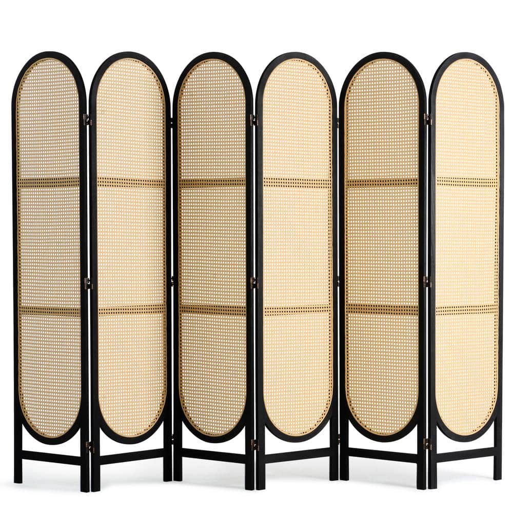 6-Panel Black and Natural Rattan Folding Room Divider
