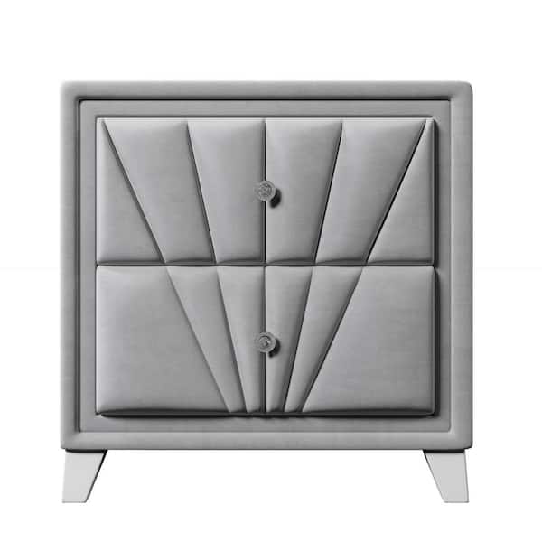 Polibi Gray Velvet Upholstered Solid Wood Nightstand, End table with 2 Drawers(26.70 in. W x 17.00 in. D x 28.00 in. H)