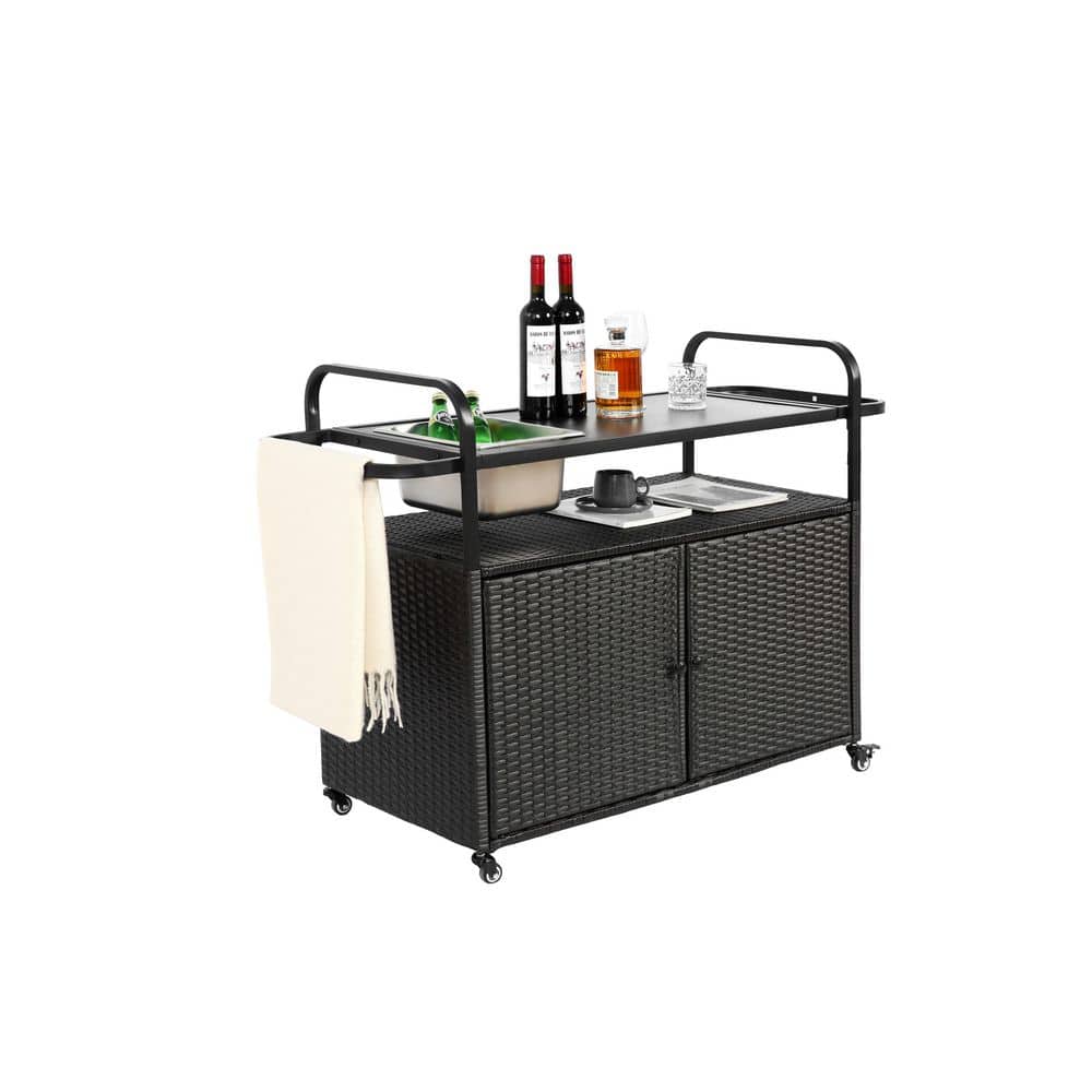Black Wicker Outdoor Serving Cart, Patio Bar Table with Cabinet, Steel Top,