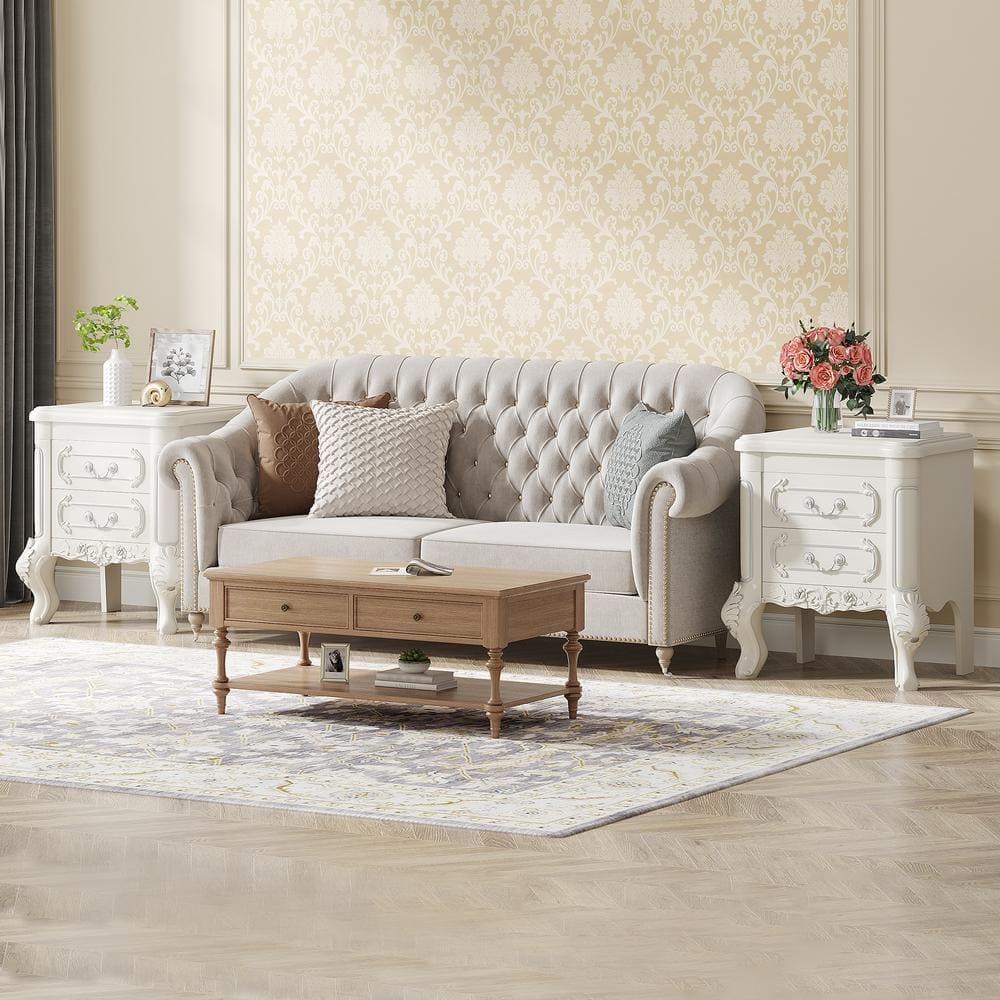 Cream White Carved Wood Nightstand with Silver Accents and 2 Drawers