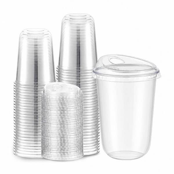 16 in. Clear Disposable Plastic Coffee Cups Strawless Lid Crystal Cold Beverage Party Tableware 50-Pieces Per Case