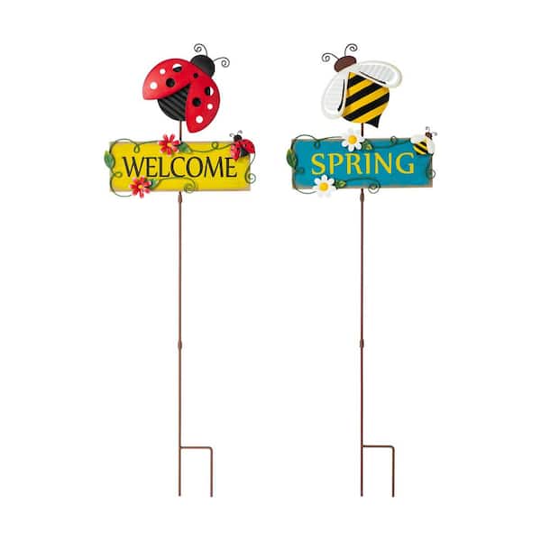 Glitzhome 42.25 in. H Metal/Wood Ladybug and Bee Garden Stake (2-Pack)