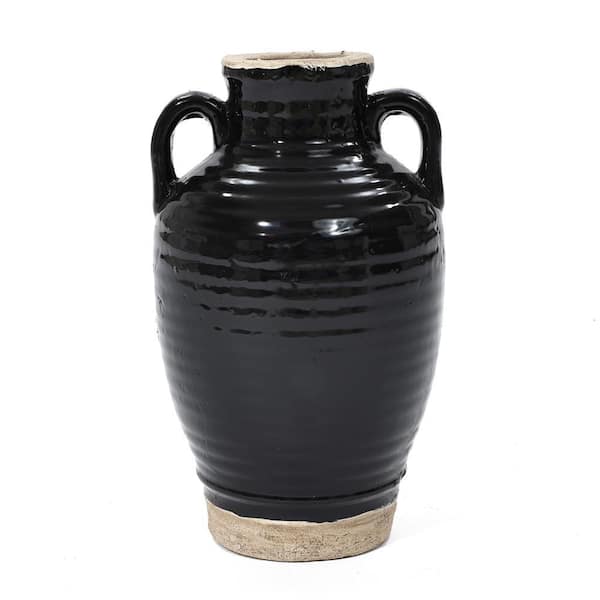 LuxenHome 10 in. Black Jug Tall Terracotta Vase with Two Handles