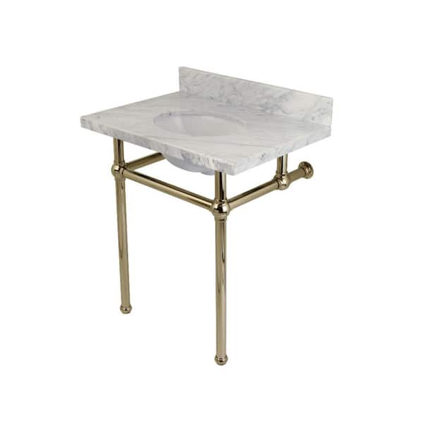 Unbranded Washstand 30 in. Console Table in Carrara Marble White with Metal Legs in Polished Nickel