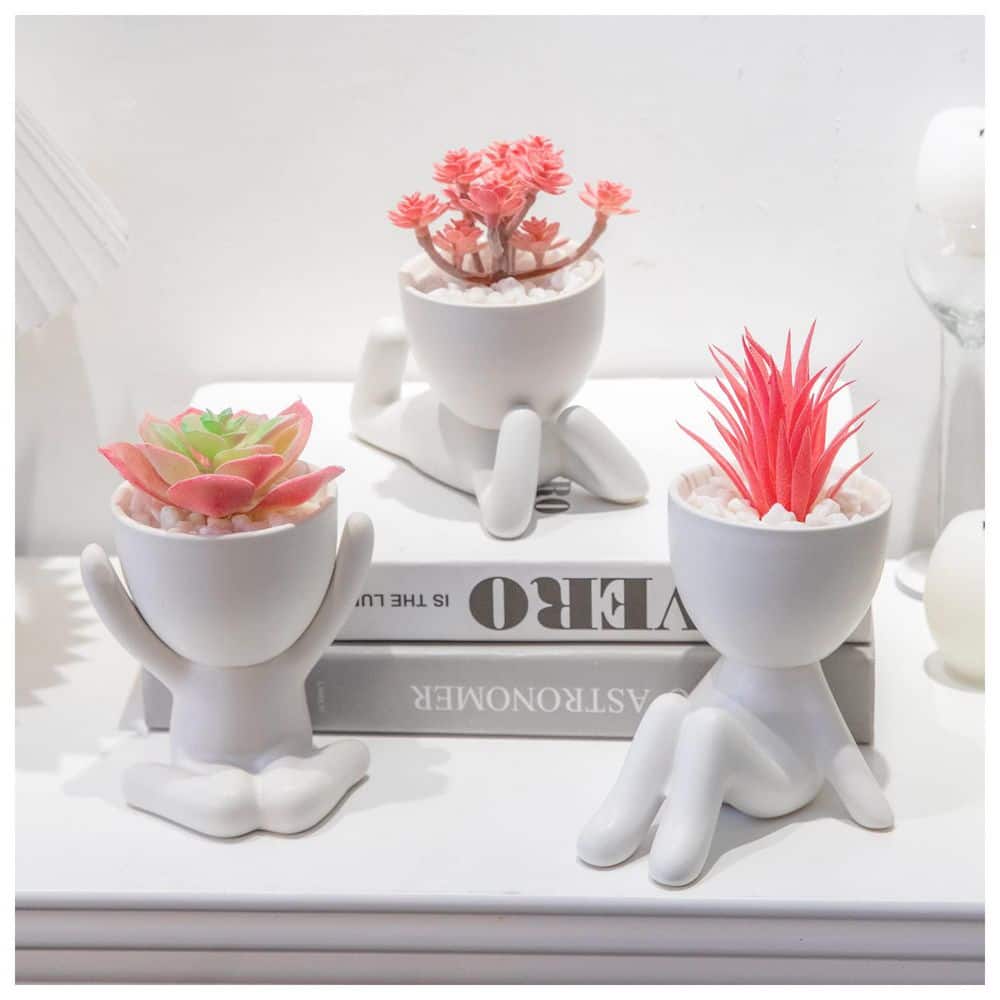 Afoxsos 4.7 in. 3PCS Pink Artificial Succulent Plants Human-Shaped Ceramic Pot Indoor Outdoor Home Office Desk Bathroom Decor