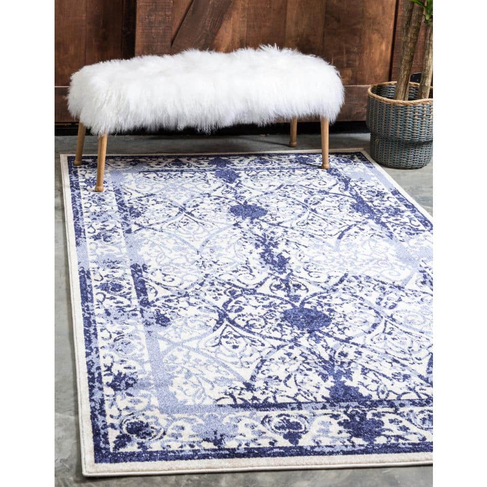 Blue Floral Motif Synthetic Low Pile Area Rug