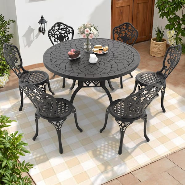 Willit Orchid Black 7-Piece of Cast Aluminum Outdoor Patio Dining Set with 47.24 in. Round Table and Armless Chairs