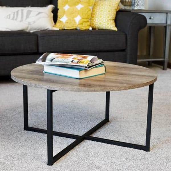 Jamestown Round Taupe Wood Coffee Table with Black Metal Frame