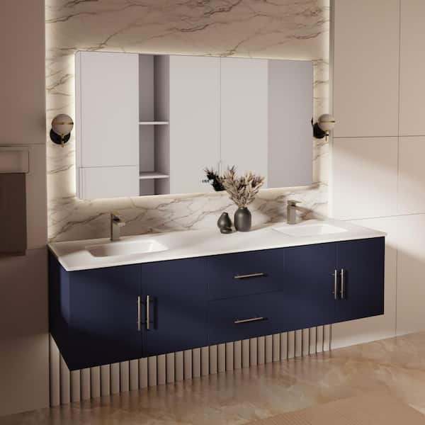 Geneva 72 in. W x 22 in. D Navy Blue Double Bath Vanity, White Quartz Top, and Faucet Set