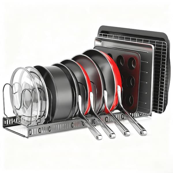 Stainless Steel Under Cabinet Standing Rack Pot Rack Organizer in Black with 11.8 in. to 22.8 in. Adjustable Dividers