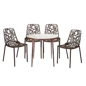 Devon 5 Piece Aluminum Set with Round Table with Glass Top Outdoor Dining and 4 Stackable Chairs in Brown