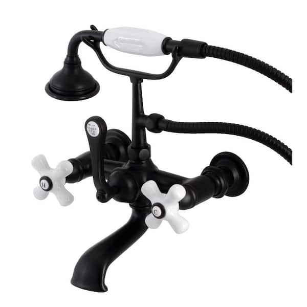 Kingston Brass Aqua Vintage 7 in. Wall Mount 3-Handle Claw Foot Tub Faucet with Hand Shower in Matte Black