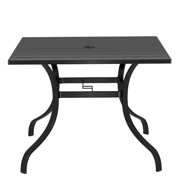 Square Metal Outdoor Patio Dining Table in Black with 1.65 in. Umbrella Hole