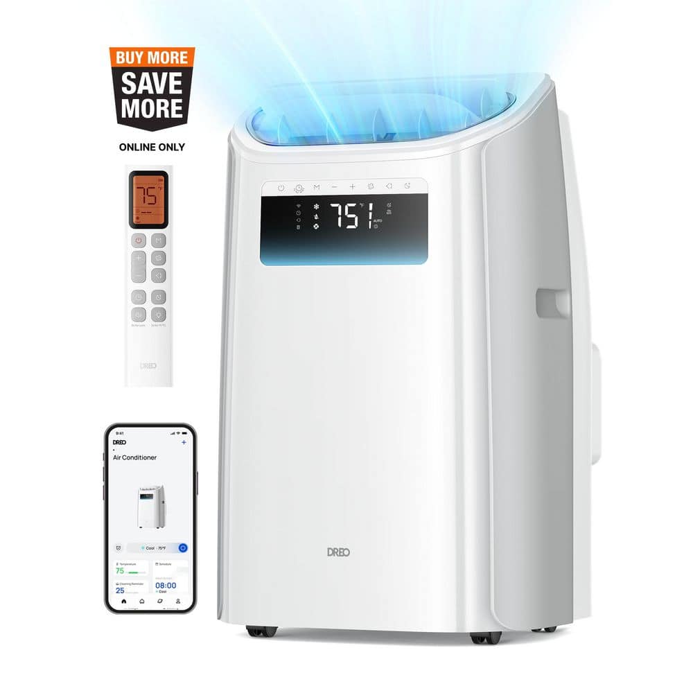 DREO 12,000 BTU Smart Portable AC Unit with Drainage-Free Cooling, 46 dB, Quiet 150 sq.ft. with Fan and Dehumidifier in White