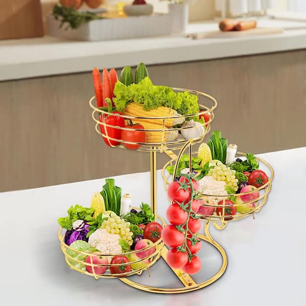 1 Piece with Banana Hanger 3-Tier Metal Base Gold Kitchen Fruit Baskets Set for Kitchen Counter and Bread Snack