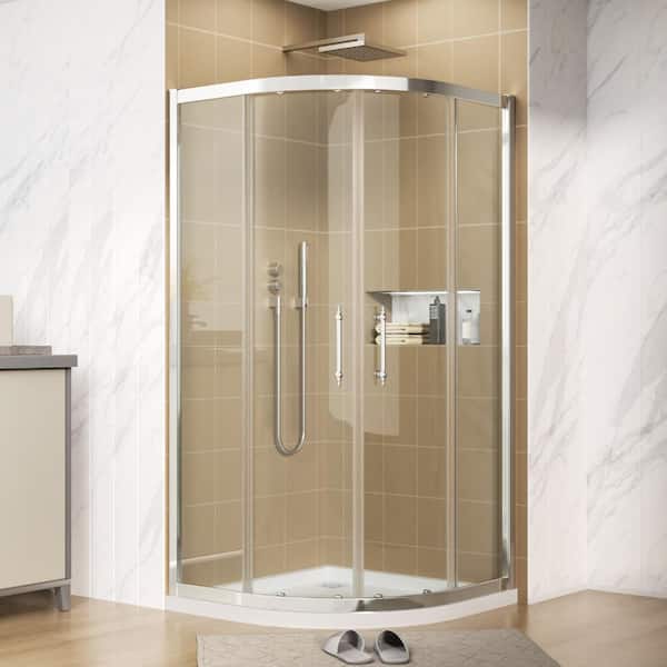 36 in. W x 72 in. H Double Sliding Semi-Frameless Corner Sliding Fixed Door Shower Enclosure in Chrome with Clear Glass