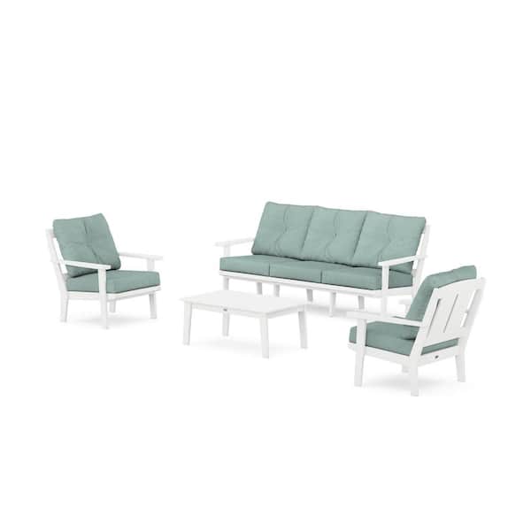 POLYWOOD Mission 4-Pcs Plastic Patio Conversation Set with Sofa in White/Glacier Spa Cushions