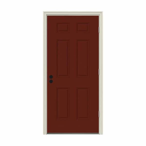 JELD-WEN 36 in. x 80 in. 6-Panel Mesa Red Painted w/ White Interior Steel Prehung Left-Hand Outswing Front Door w/Brickmould