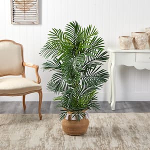 4 ft. Green Areca Faux Palm Tree in Boho Chic Handmade Natural Cotton Planter with Tassels UV Resistant (Indoor/Outdoor)