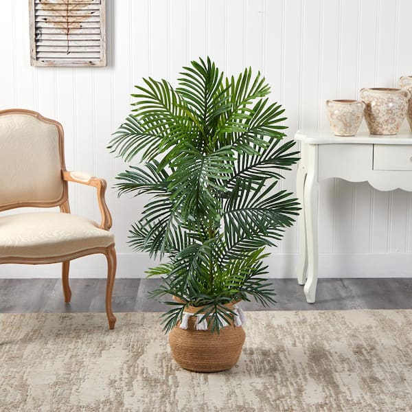 Nearly Natural 4 ft. Green Areca Faux Palm Tree in Boho Chic Handmade Natural Cotton Planter with Tassels UV Resistant (Indoor/Outdoor)