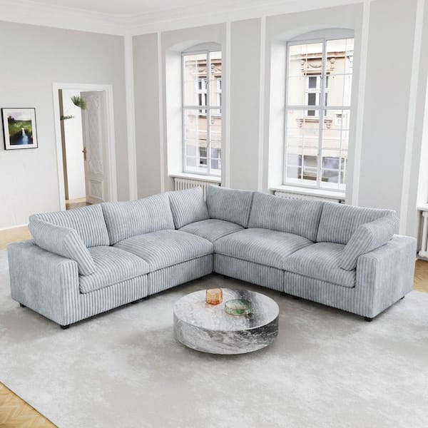  118 in. Square Arm Soft Faux Rabbit Fur Velvet 5-Piece L-Shaped Modern Comfy Cloud Modular Sectional Sofa Couch in Gray