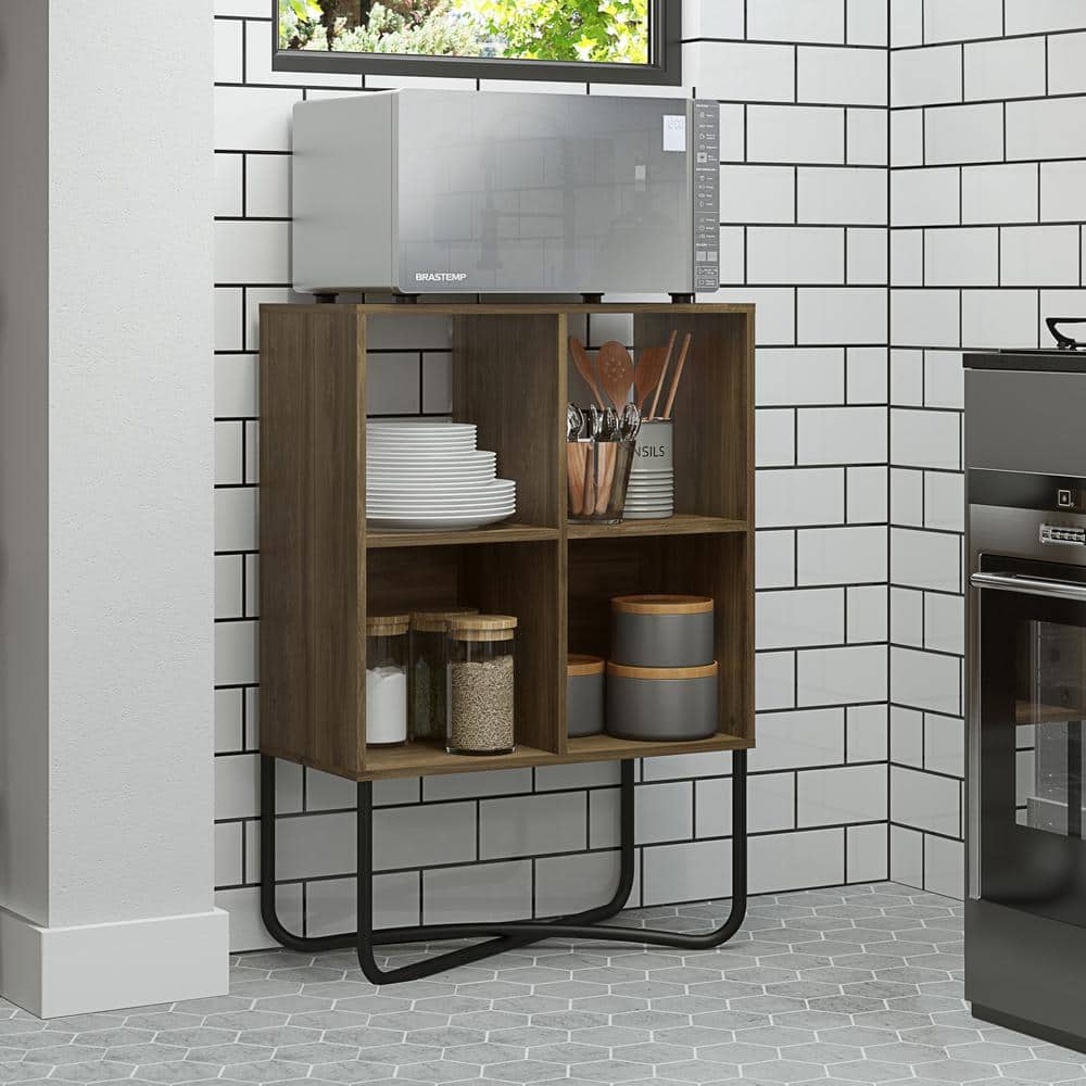 Modern Symmetrical 2-Tier Walnut Bookcase with Steel Cross-Legs