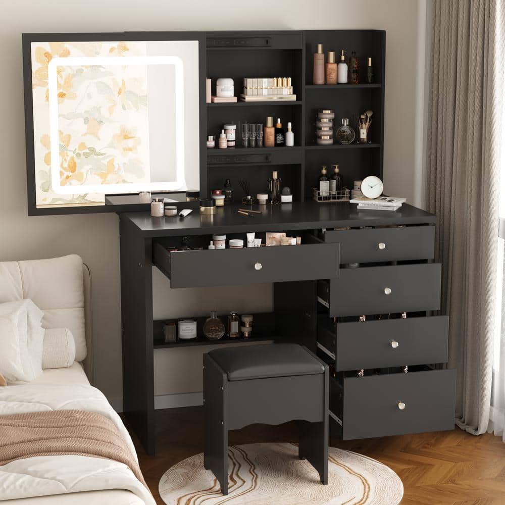 5-Drawers Black Wood LED Push-Pull Mirror Dresser with Stool and 3-Tier Storage Shelves 39.4 in. W - thumbnail 2