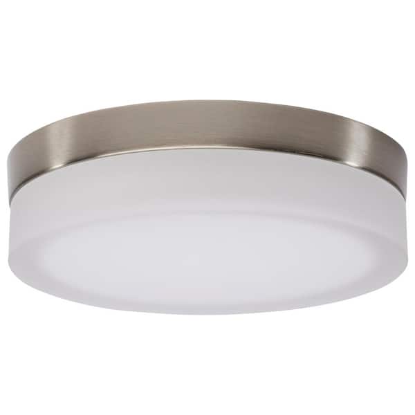 SATCO Pi 9 in. Brushed Nickel Transitional Flush Mount with Etched Frosted Glass Shade and Integrated LED