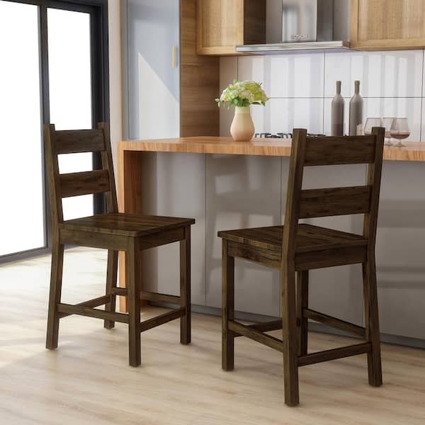 Furniture of America Stella 24.5 in. Rustic Oak Wood Ladder Counter Height Chairs (Set of 2)