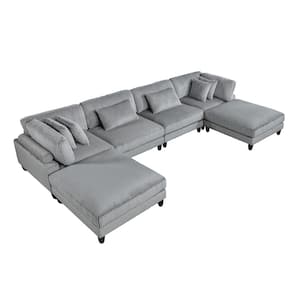 Laurelton 160 in. Pillow Top Arm 6-Piece Corduroy Fabric Modular Sectional Sofa with Ottoman in Gray