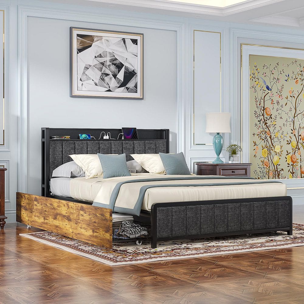 Rustic Bed Brown Metal Frame Queen Platform Bed with Upholstered Headboard, USB Port and 4-Rolling Storage Drawers - thumbnail 4