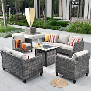 Chelan Gray 5-Piece Wicker Outdoor Patio Conversation Sofa Loveseat Set with a Fire Pit and Beige Cushions