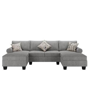 116 in. Rolled Arm Chenille U Shaped Modern Sofa in Gray with Storage Chaises and 3 Pillows