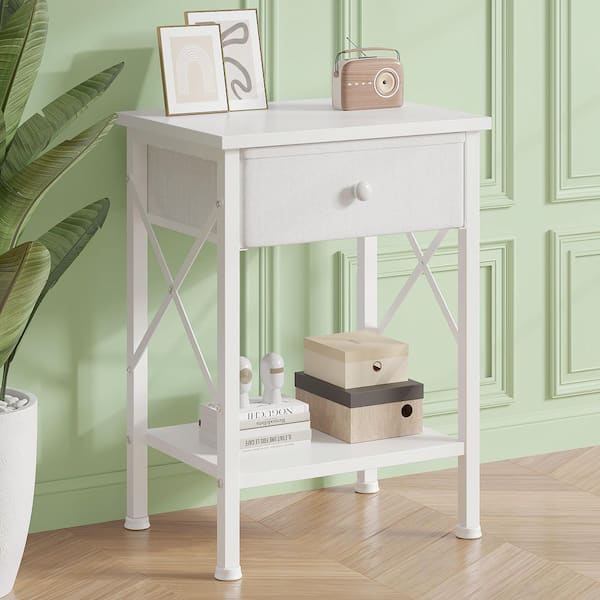 Rustic Nightstand with Drawer, Compact Bedside Table with Storage Shelf for Bedroom, Industrial End Table White
