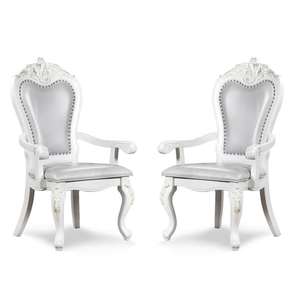 Divino Grand White Leatherette Upholstered Dining Chair with Arms Set of 2