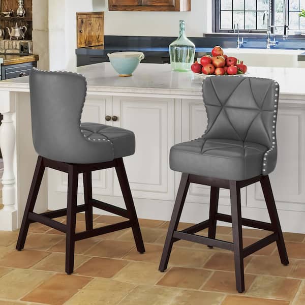 OrangeOne Zola 26 in. Dark Gray Wood Frame Counter Bar Stool Faux Leather Upholstered Swivel Bar Stool (Set of 2)
