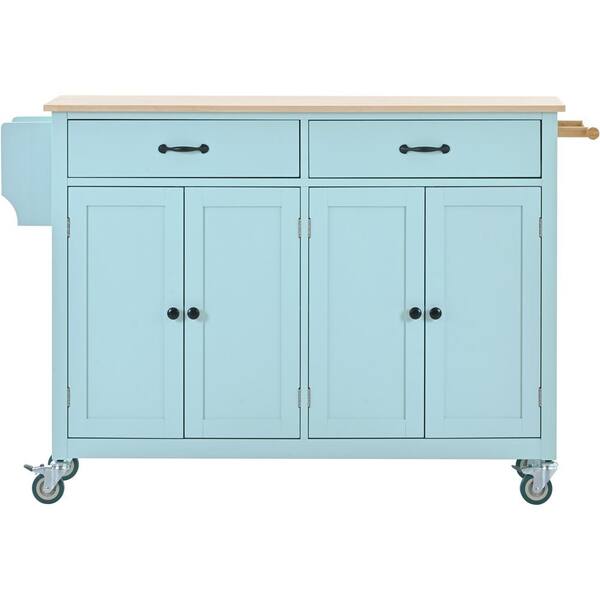 tunuo Mint Green Rubber Wood Top 54 in. W Kitchen Island With Locking