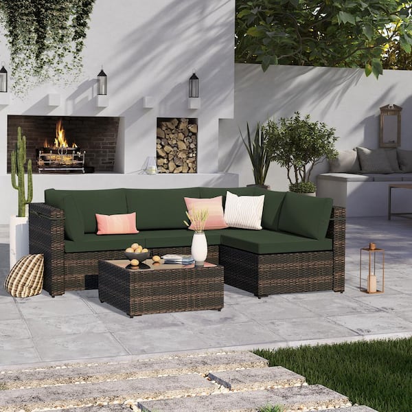 UPHA 5-Piece Wicker Patio Conversation Set Outdoor Sectional Sofa Set with Coffee Table and Dark Green Cushions
